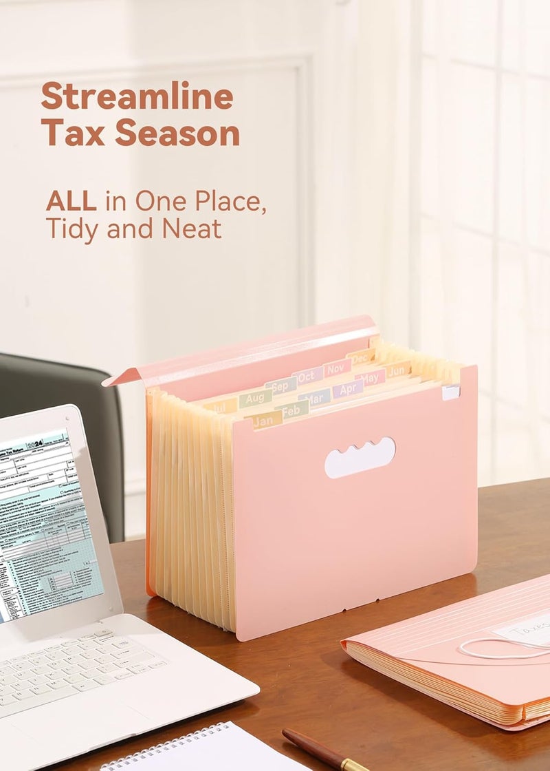 SortRax Accordion File Organizer 12 Pockets, Monthly Bill Receipt Tax Organizer, Expanding File Folders with Larger Bright Tabs, Fits Letter/A4 Size - Pink - Image 3